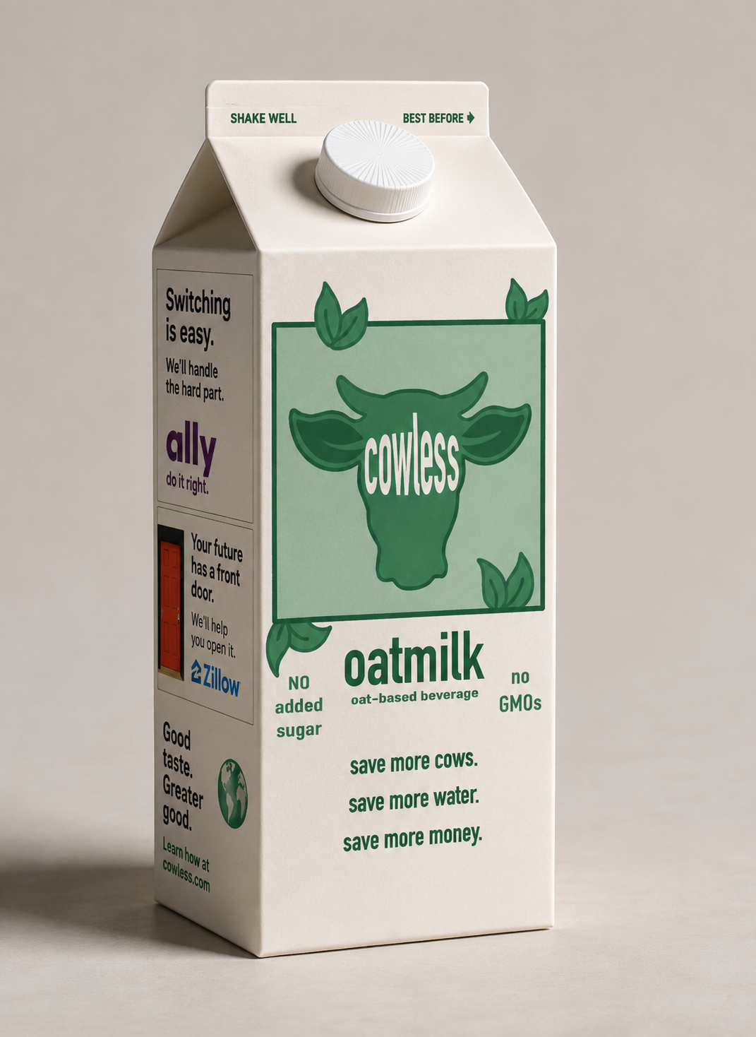 Cowless oat milk carton with on-carton advertisements
