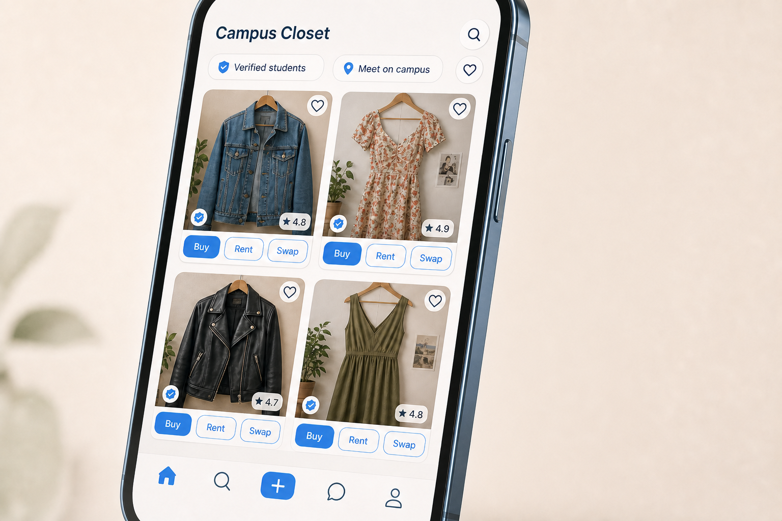 Swop college clothing marketplace interface shown on a phone